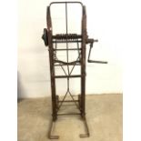 Vintage wooden and metal sack trucks, early industrial - farming with chain lift and crank handle