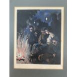 Continental school, mid century oil on paper. A campfire with figures. Indistinct signature lower