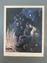 Continental school, mid century oil on paper. A campfire with figures. Indistinct signature lower