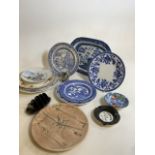 A quantity of ceramics including willow pattern, Andy Capp toast rack, Scotch Whisky ash tray and