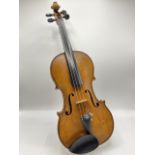 A full size French violin labelled H. Derazey, with one piece back.