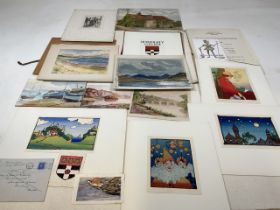 A portfolio of original watercolours and coloured prints.
