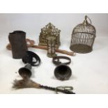 A vintage brass bird cage, an ornate letter rack, two house hold bells, a Heart shaped embossed