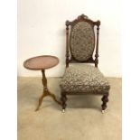 A Victorian low chair with upholstery back and seat also with an early 20th century leather topped