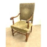 A Victorian beech throne chair - French C1850-60. Open arm with caved details and stretchers to