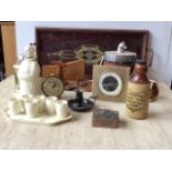 A mixed lot including a vintage wooden tray, ice bucket (horse interest), clocks,monk decanter and
