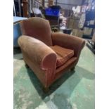 A Victorian club arm chair with upholstery studded finish on tapered oak legs. Seat Height approx :