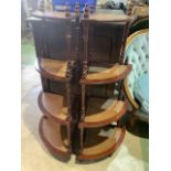 A pair of reproduction waterfall corner what nots with leather shelves. W:27cm x D:27cm x H:103cm