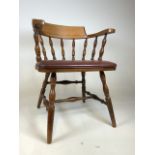 A Victorian elm captains open arm chair with leather upholstery seat. Seat height H:47cm