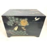 Oriental lacquered chest decorated with storks, flora and a Japanese sunset with brass latch. W:67cm