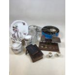 A mixed lot of silver plate, paragon tea set, a vintage balance and other items