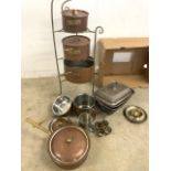 Copper and brass heavy pans (3) and others also with other pans and silver plated items. (Group