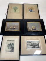 Two etchings P.Y.Pitman and one signed in pencil a pair of naval prints in black and gold frames