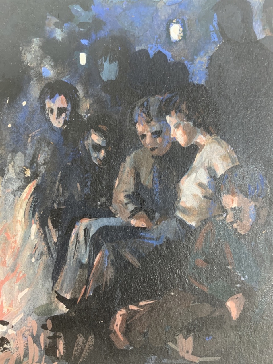 Continental school, mid century oil on paper. A campfire with figures. Indistinct signature lower - Bild 3 aus 5