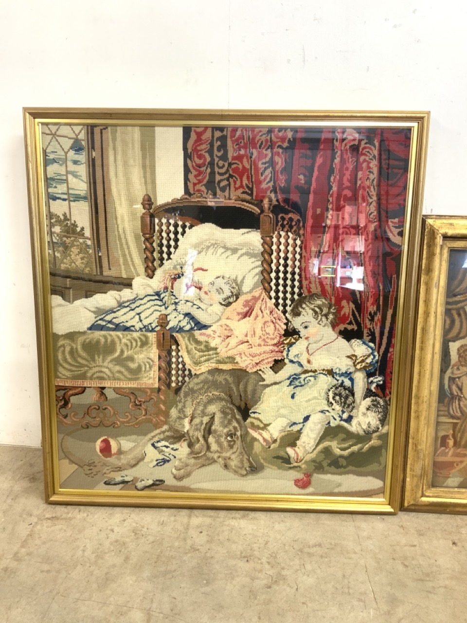 Two large tapestries in gilt frames, the last super and another. Largest W:89cm x H:97cm - Bild 3 aus 4