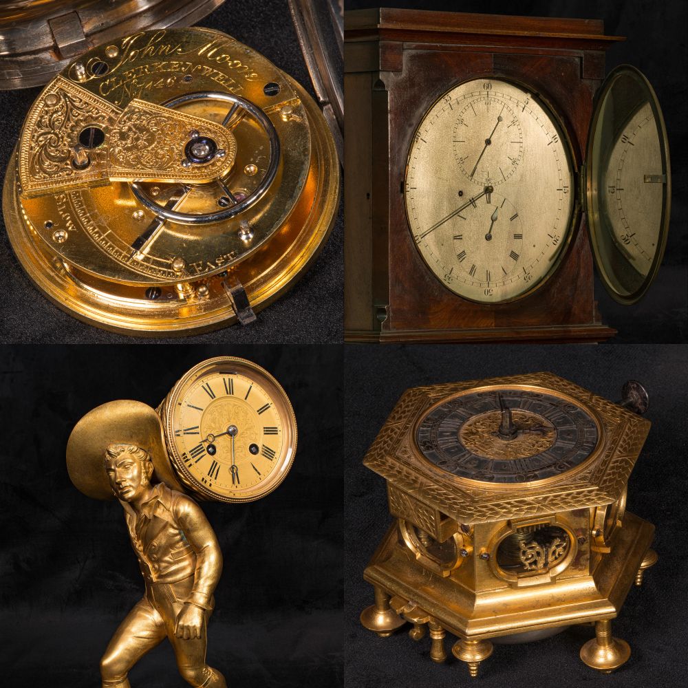 Fine Antiques, Clocks & Collectibles Sale. Howard armchair, fine 18th and 19th century clocks by Moore and Son, M Rieppolt, Breguet et Fils