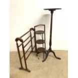 A tall pie crust table also with a Edwardian cake stand and a towel rail. H:122cm