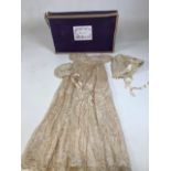 An antique lace christening gown with bonnet in box - also with another bonnet