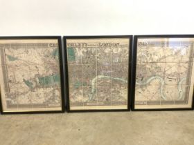 A Tryptich of maps. Churchleys new plan of London 1832. In modern black and gilt frames. W:88cm x