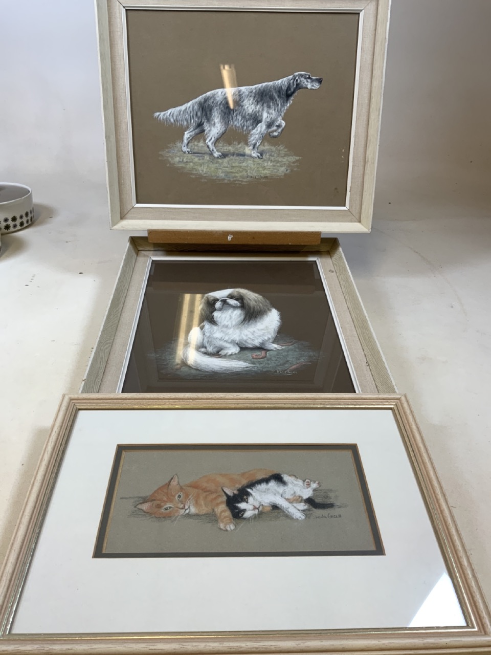 J.Des Clayes (British) Two pet portrait paintings (dogs) and a pastel old cats.