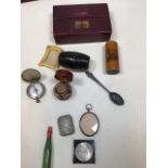 Collectible items including a travelling ink well, a compass, a Vesta case, a Mauchline ware tube,