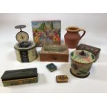 Vintage tins including Huntley and Palmer, a Mauchline ware notebook and other items