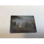 A small metal plaque with hand painted scene to front engraved to back in reverse - S Wests sale