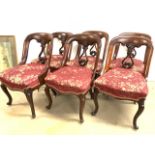 A set of six Victorian dining chairs. Queen Anne style on small ceramic castors. Seat height H:49cm