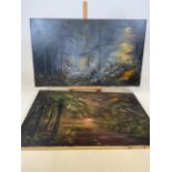Two large oils on canvas of mystical woodland scenes. Unsigned. W:92cm x H:64cm