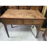 A Georgian style oak hall table with inlaid detail to top, two drawers with brass handles. W:90cm