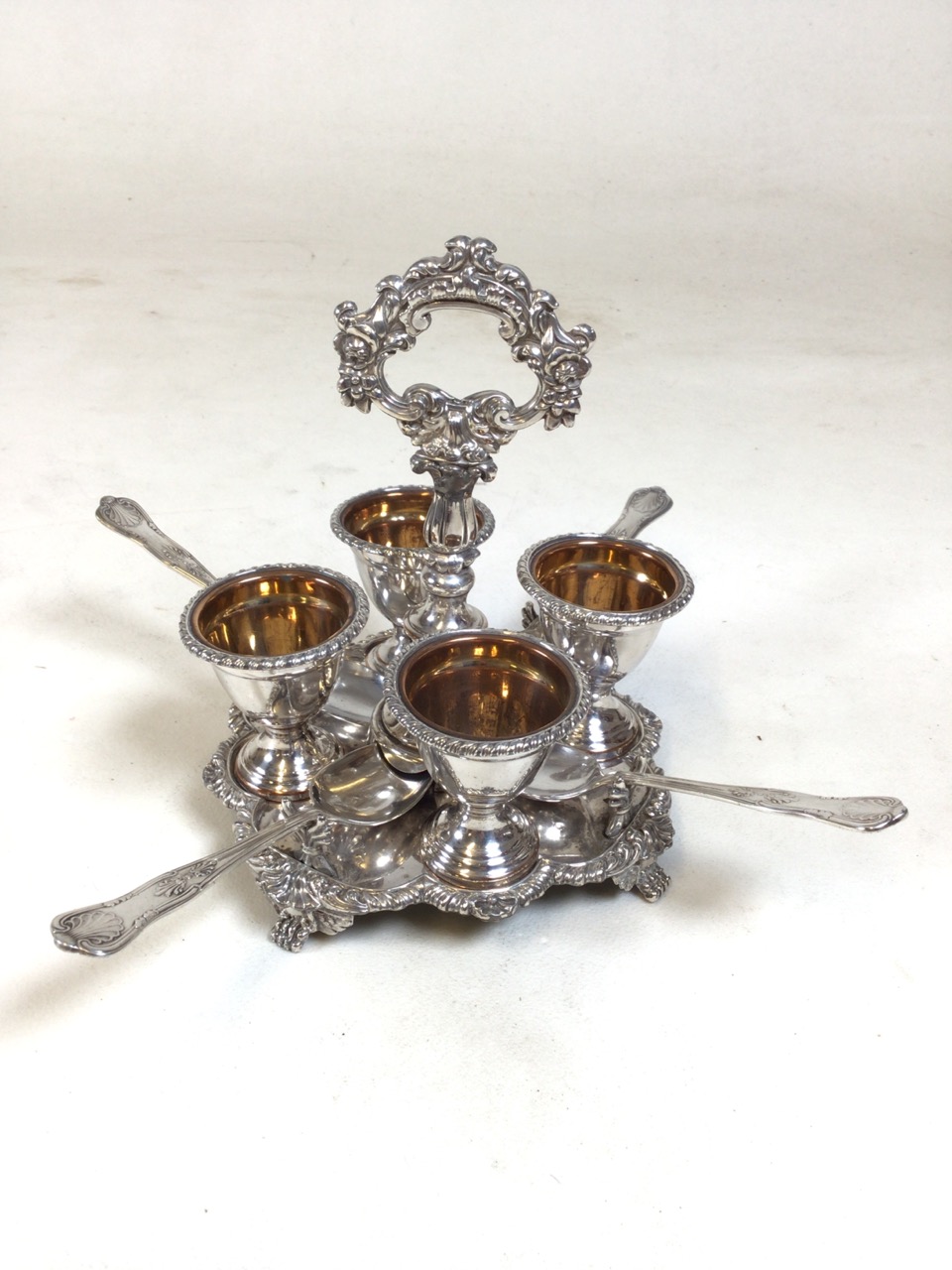 3 silver plate egg cup carousels with spoons. Each set serves 4. All in good condition. - Bild 2 aus 10