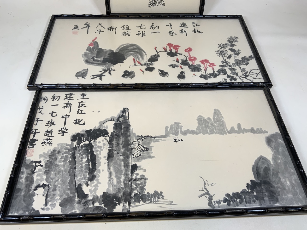 Three Chinese watercolours in ebonised bamboo style frames under non reflective glass. Approx W: - Image 2 of 4