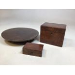 An Oak Lazy Susan, a Burr walnut cigar box and a small wooden box Cigar box no key W:31cm Lazy Susan