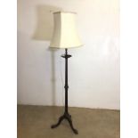 Wooden standard lamp with shade. Fluted support with a trio of ball and claw feet. AF, untested.