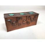 An Arts and Crafts hammered Copper Box with Ruskin style Cabochon roundels to lid and 2 latches to