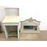 A painted desk also with an ornate painted overmantle mirror.