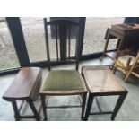 A Small oak drop flap table also with an oak early 20th century chair and a rattan seated stool.