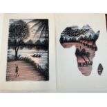 Two original book illustrations signed Mikas, of African interest. Largest W:19cm x H:30cm.