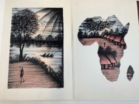 Two original book illustrations signed Mikas, of African interest. Largest W:19cm x H:30cm.