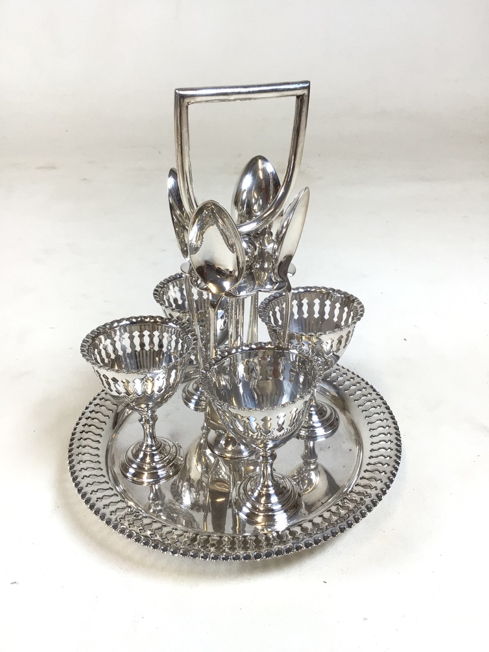 3 silver plate egg cup carousels with spoons. Each set serves 4. All in good condition. - Bild 8 aus 10