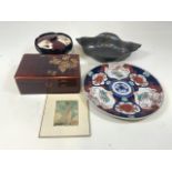Japanese lacquered boxes (one musical) also with an Imari plate an art nouveau style light pewter