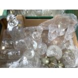 Two mixed boxes of glassware including cut lead crystal decanter and glasses, Luminarc glasses and