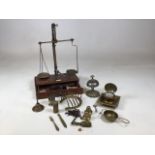 Antique brass Apothecary scales together with other brass items including a bell and an ink well