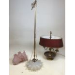 An early twentieth century opaque glass and brass ceiling light H:88cm also with a brass table lamp,