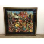 Large framed pastel on board by Carolyn King. Features a busy village scene from the Lizard in the