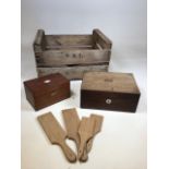 Wooden items including a vintage writing slope for restoration, a jewellery box, wooden butter