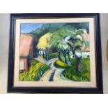 An abstract oil on canvas of a rural scene signed lower right Suzy. Indistinct signature on back -