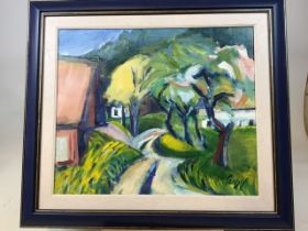 An abstract oil on canvas of a rural scene signed lower right Suzy. Indistinct signature on back -