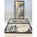 Three Chinese watercolours in ebonised bamboo style frames under non reflective glass. Approx W: