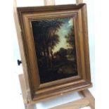 Late 18th/early 19th century oil on board landscape scene. Deeply framed. Picture measures 18cm x